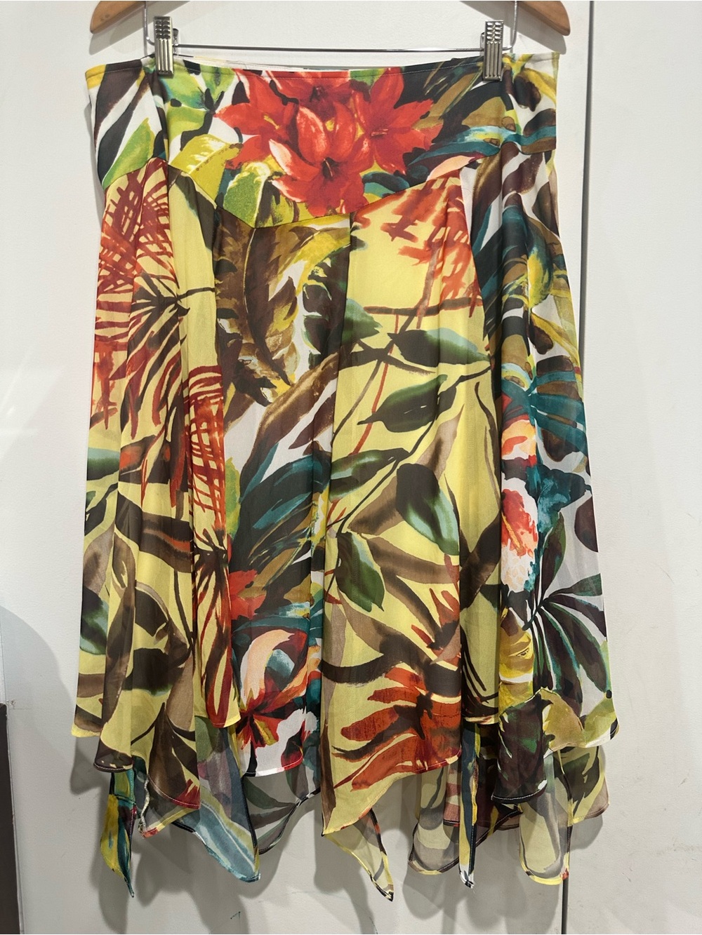 Chico's Yellow Floral Asymmetrical Handkerchief Hem Skirt